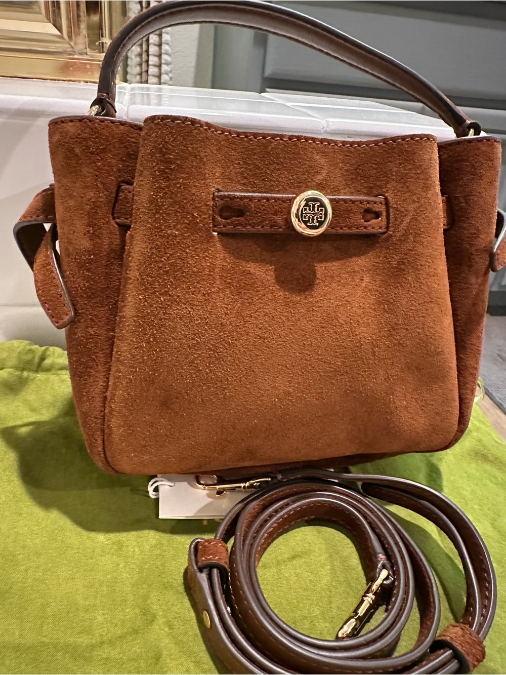 Tory Burch Chestnut Brown Mini Romy bucket bag